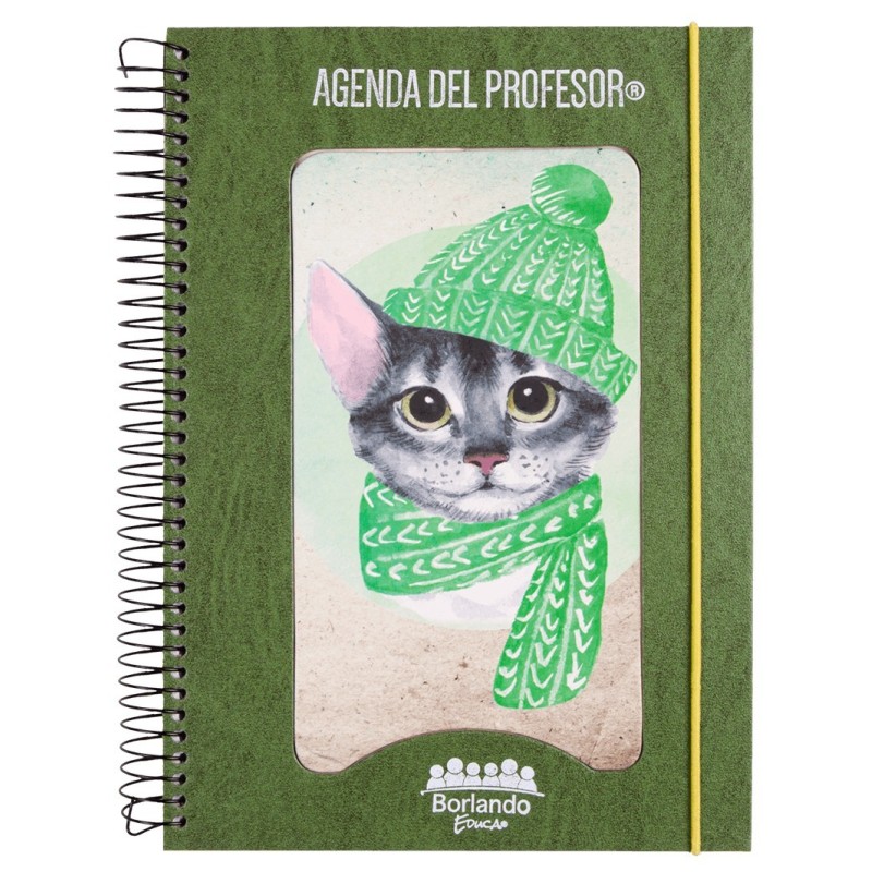 Agenda del Profesor verde claro gato con bufanda